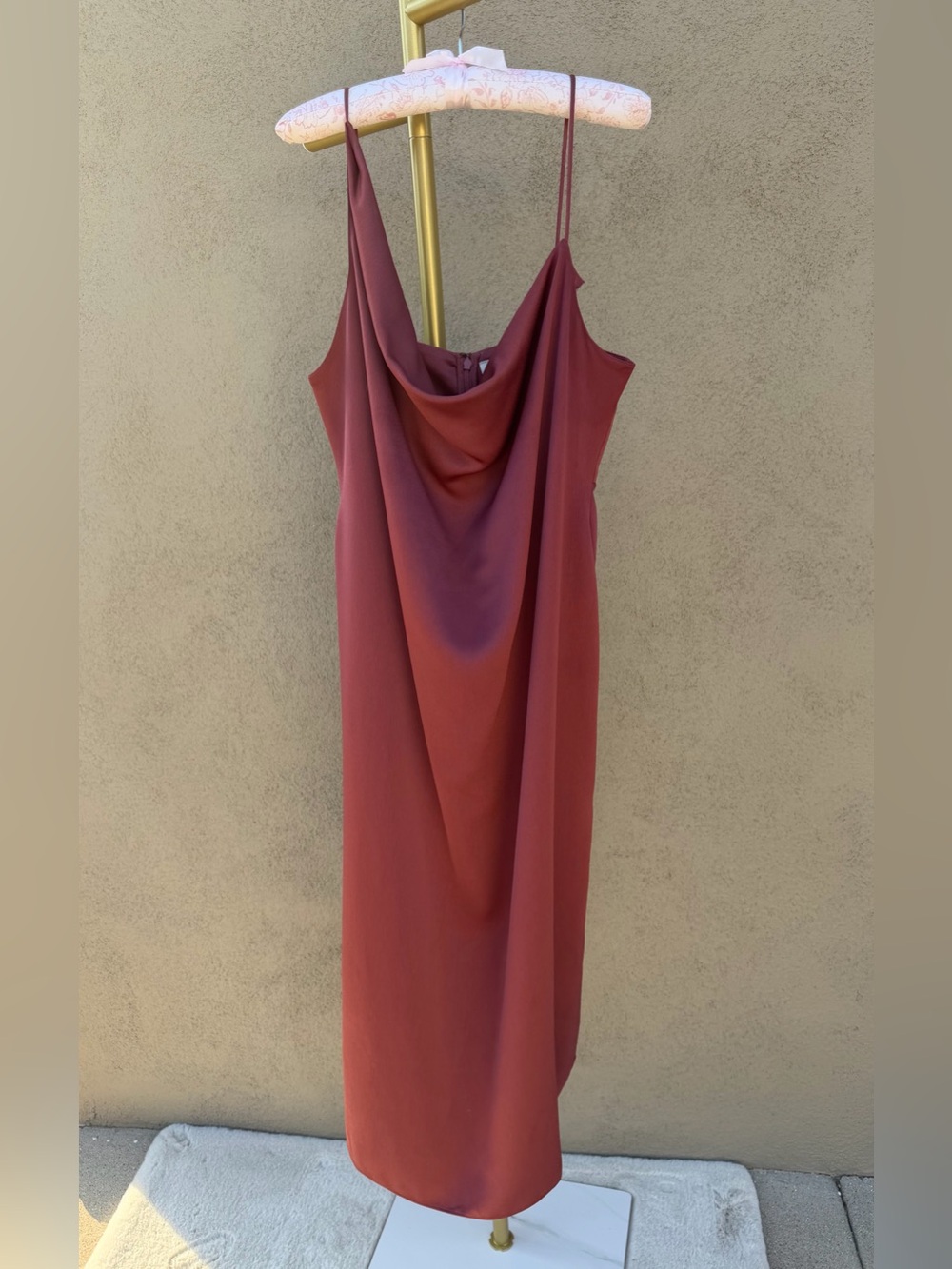 BHLDN Anthropologie Asymmetrical Cowl Neck Satin Midi Dress Rose Red